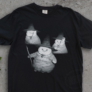 May include: Black t-shirt featuring a grayscale image of three cats wearing witch hats. The central cat holds a staff and a necklace. The design is a whimsical take on a magical theme, perfect for cat lovers.