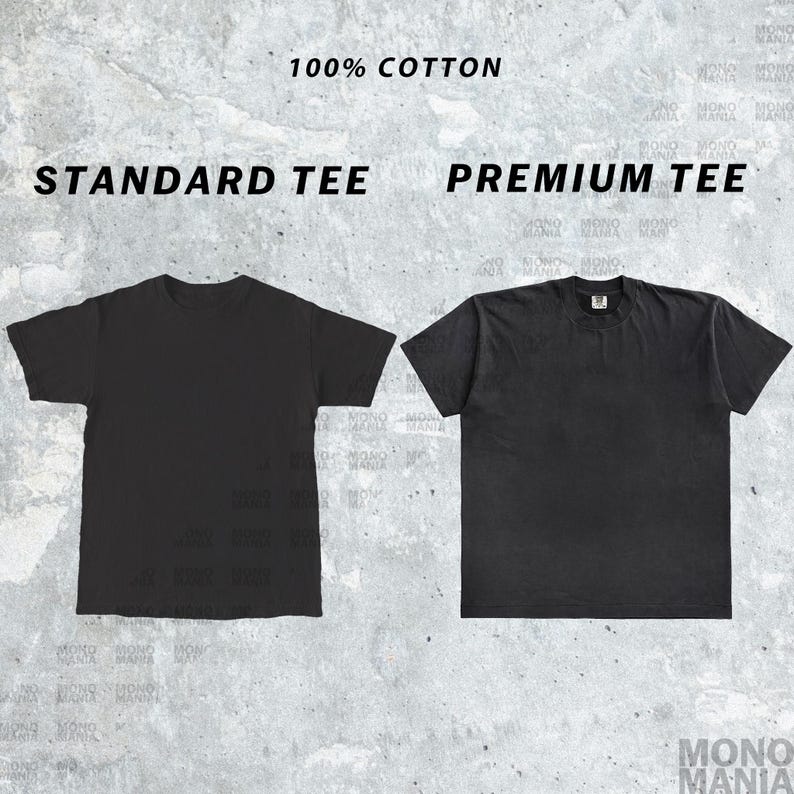 May include: Two black t-shirts are displayed side-by-side against a textured gray background. The left shirt is labeled "STANDARD TEE," and the right shirt is labeled "PREMIUM TEE." Above the shirts, the text reads "100% COTTON."