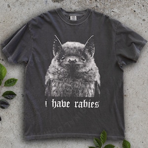 May include: A charcoal gray short-sleeve t-shirt featuring a detailed white graphic of a bat's face centered on the chest. Below the bat, the text "i have rabies" is printed in a gothic-style font. The shirt has a crew neckline and a relaxed fit.