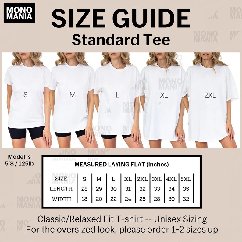 Op de afbeelding: Maattabel voor een standaard T-shirt, met modellen die witte T-shirts dragen in de maten S tot 2XL. De tabel bevat afmetingen in inches voor lengte en breedte, vari&euml;rend van 71 tot 89 cm in lengte en 46 tot 81 cm in breedte.