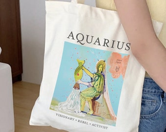 Zodiac Sign Cotton Canvas Tote Bag, custom birthday gift, art lover gift, surrealist art book bag