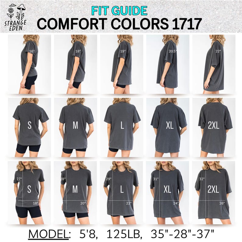 K&ouml;nnte beinhalten: Ein Passform-Leitfaden f&uuml;r Comfort Colors 1717 T-Shirts mit einer Bilderraster-&Uuml;bersicht der Gr&ouml;&szlig;en S bis 2XL. Die Tabelle zeigt Ma&szlig;e in Zoll f&uuml;r &Auml;rmell&auml;nge, K&ouml;rperl&auml;nge und Breite sowie eine Modellreferenz von 5'8, 125lb, 35-28-37.