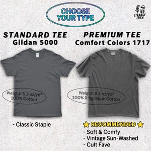 Puede incluir: Una tabla comparativa titulada CHOOSE YOUR TYPE con dos camisetas gris oscuro. A la izquierda, una camiseta est&aacute;ndar Gildan 5000, 180 g/m&sup2;, 100% algod&oacute;n. A la derecha, una camiseta premium Comfort Colors 1717, 207 g/m&sup2;, 100% algod&oacute;n hilado en anillo.