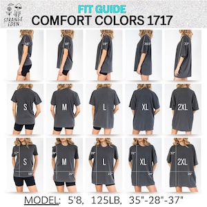 K&ouml;nnte beinhalten: Ein Passform-Leitfaden f&uuml;r Comfort Colors 1717 T-Shirts mit einer Bilderraster-&Uuml;bersicht der Gr&ouml;&szlig;en S bis 2XL. Die Tabelle zeigt Ma&szlig;e in Zoll f&uuml;r &Auml;rmell&auml;nge, K&ouml;rperl&auml;nge und Breite sowie eine Modellreferenz von 5'8, 125lb, 35-28-37.