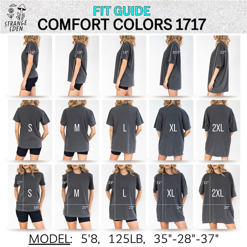 K&ouml;nnte beinhalten: Ein Passform-Leitfaden f&uuml;r Comfort Colors 1717 T-Shirts mit einer Bilderraster-&Uuml;bersicht der Gr&ouml;&szlig;en S bis 2XL. Die Tabelle zeigt Ma&szlig;e in Zoll f&uuml;r &Auml;rmell&auml;nge, K&ouml;rperl&auml;nge und Breite sowie eine Modellreferenz von 5'8, 125lb, 35-28-37.