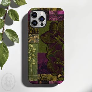 May include: A rectangular smartphone case featuring a collage-style design with deep purple and olive green tones. The surface displays large dark floral illustrations, intricate damask patterns, and a delicate sprig of small yellow flowers.