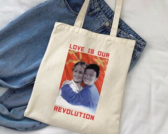 Love is our revolution, Lesbian pride tote bag, Sapphic WLW tote bag, queer tote bag, retro vintage communist chic grunge soviet chic