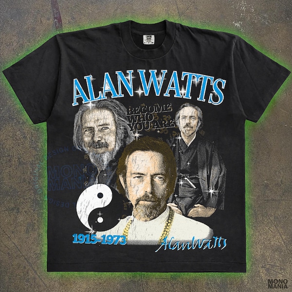 T-shirt unisex in cotone pesante stile vintage di Alan Watts, T-shirt grafica con geometria sacra, T-shirt geometriche mistiche di Watts, Geometria sacra, T-shirt retrò