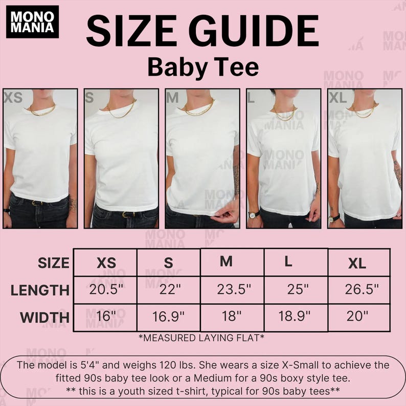 Op de afbeelding: Maattabel voor een witte baby-T-shirt, met afmetingen in cm. De gids toont de lengte en breedte voor de maten XS tot XL. De tekst luidt "SIZE GUIDE Baby Tee". Het model is 163 cm lang en weegt 54 kg.
