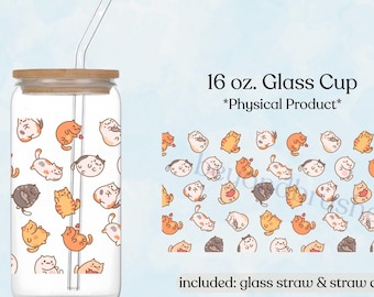 Kawaii Cats 16oz Glass Tumbler, Iced Coffee Cup, Bamboo Lid, Glass Straw