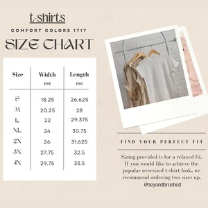 May include: A size chart for Comfort Colors 1717 t-shirts. The chart includes sizes S through 4X, with width and length measurements in inches. A white t-shirt is displayed on a hanger. The text "FIND YOUR PERFECT FIT" is also included.