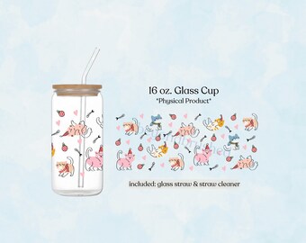 Christmas Cats 16oz Glass Tumbler, Cute Kitty Holiday Gift for Cat Lovers, Cartoon Christmas Cup, Iced Coffee Lover, Stocking Stuffer
