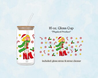 Christmas Cartoon 90's Kid 16oz Glass Tumbler, Holiday Iced Coffee Cup, Cute Christmas Gift Idea, Festive Drinkware, Stocking Stuffer Idea