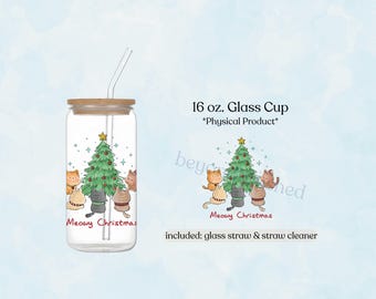 Merry Catmas 16oz Glass Tumbler, Holiday Iced Coffee Cup, Cute Christmas Gift Idea, Festive Drinkware, Stocking Stuffer Idea