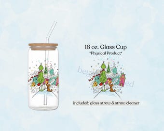 Christmas 16oz Glass Tumbler, Holiday Iced Coffee Cup, Cute Christmas Gift Idea, Festive Drinkware, Stocking Stuffer Idea