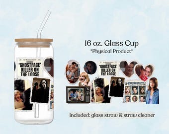 Halloween Movie 16oz Glass Tumbler, Spooky Iced Coffee Cup, Cute Halloween Gift Idea,  Spooky Drinkware