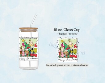 Christmas 16oz Glass Tumbler, Holiday Iced Coffee Cup, Cute Christmas Gift Idea, Festive Drinkware, Stocking Stuffer Idea