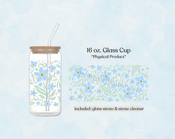 Blue Floral 16oz Glass Tumbler, Gift for Her, Cottagecore Glass Cup, Iced Coffee Lover
