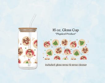Christmas Cookie 16oz Glass Tumbler, Holiday Iced Coffee Cup, Cute Christmas Gift for Her, Festive Drinkware, Stocking Stuffer Idea