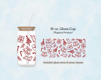 Christmas 16oz Glass Tumbler, Holiday Iced Coffee Cup, Cute Christmas Gift Idea, Festive Drinkware, Stocking Stuffer Idea