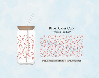 Christmas Candy Canes 16oz Glass Tumbler, Holiday Iced Coffee Cup, Cute Christmas Gift Idea, Festive Drinkware, Stocking Stuffer Idea