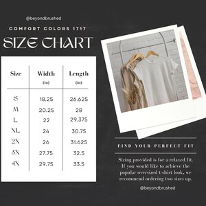 May include: Size chart for a t-shirt with measurements in inches. The chart shows the width and length of the shirt in inches for sizes S, M, L, XL, 2X, 3X, and 4X. The text "Find your perfect fit" is below the chart. The text below "Find your perfect fit" reads: "Sizing provided is for a relaxed fit. If you would like to achieve the popular oversized t-shirt look, we recommend ordering two sizes up."