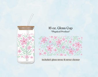 Pink Floral 16oz Glass Tumbler, Gift for Her, Cottagecore Glass Cup, Iced Coffee Lover