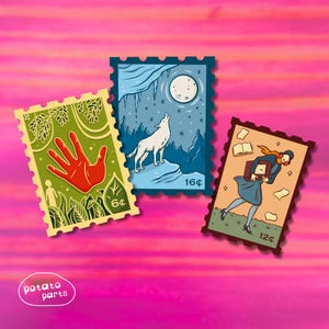 May include: Three vintage-style postage stamps with illustrations. The first stamp features a red handprint in a green forest scene with the text "6¢". The second stamp shows a white wolf howling at the moon in a snowy landscape with the text "16¢". The third stamp depicts a woman in a blue dress holding a book with the text "12¢".