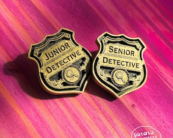 Wooden Detective Badges - Junior & Senior, Mystery Lover Gift