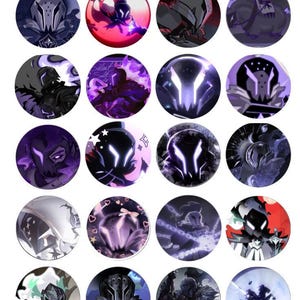 May include: A sheet of 1.25-inch button templates featuring various fantasy character designs in shades of purple, black, and white. The buttons have detailed illustrations of armored figures and abstract shapes. The text "Copyright © ABCrafty.com" is visible.