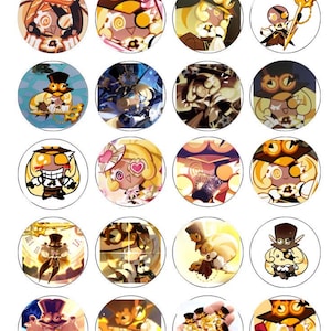 May include: A 1.25 inch button template sheet featuring twenty circular designs with various cartoon characters, including figures in top hats and goggles. The text at the top reads 1.25 inch Button Template and Image should be a max of 1.2 inches.
