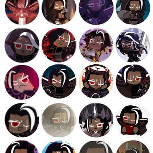 May include: A collection of 1.25-inch button templates featuring various cartoon character designs. Each button showcases a different character with unique hairstyles, outfits, and expressions. The buttons have a circular shape and are arranged in a grid.