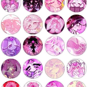 May include: A sheet of 1.25-inch button templates featuring various anime-style character designs in shades of pink, purple, and black. The characters have crowns, wings, and other decorative elements. The text "1.25 inch Button Template" is at the top.