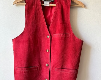 Veste sans manches en cuir suédé rouge vintage