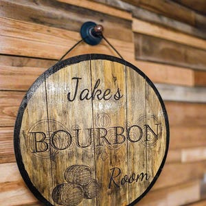 Custom Bourbon Barrel Lid, Bar Room Decorative Sign, featuring brands like Woodford, Maker&#39;s Mark, Buffalo Trace, and Four Roses, Blanton