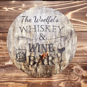 Custom Whiskey & Wine, Bar Room Decorative Sign, featuring brands like Woodford, Maker&#39;s Mark, Buffalo Trace, and Four Roses, Blanton