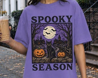 Comfort Colors® Spooky Season Shirt, Black Cat Halloween Shirt, Retro Halloween Graphic Tee, Cute Fall Cat Shirt, Pumpkin Lover Shirt Spooky
