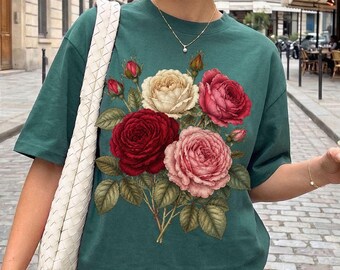 Comfort Colors® Vintage Roses Shirt Red Rose Botanical Tee, Botanical Floral Shirt, Cottagecore Garden Tee, Roses Graphic Tee, Garden Roses