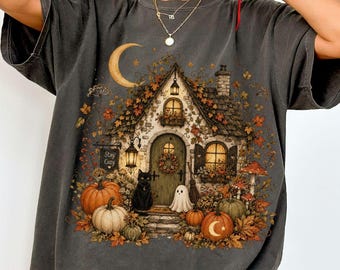 Comfort Colors® Cozy Halloween Cottagecore Shirt, Fall Cottagecore Tee, Cute Fall Cozy Shirt, Witchy Autumn House Shirt, Black Cat Ghost Tee