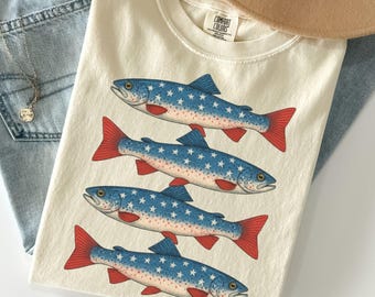 Comfort Colors® Trout Fish Shirt, Vintage Fish Shirt, 4th of July Shirt, Retro Fish Shirt, Fishing Shirt, 4th of July Bass Shirt, Patriotic