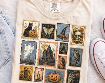 Comfort Colors® Vintage Halloween Stamp Shirt, Spooky Season Postage Collage Tee, Black Cat Ghost Pumpkin Tee, Haunted House Shirt, Skull