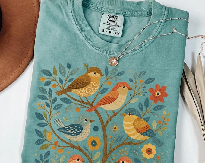 Comfort Colors® Cottagecore Birds and Flowers Shirt, Bird Nerd Shirt, Scandinavian Folk Art Shirt, Folk Art Tee, Bird Lover Shirt Bird Shirt