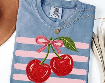 Comfort Colors® Cherry Bow Shirt, Coquette Cherry T-Shirt, Pink Striped Fruit Tee, Cute Summer Graphic Shirt, Hand Drawn Cherry Art, Cherry