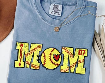 Comfort Colors® Custom Softball Mom Shirt for Softball Mama Shirt with Name Softball Mom Gift Personalized Mom Player Shirt for Game Day