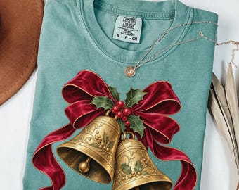 Comfort Colors Vintage Christmas Bells Shirt, Coquette Christmas Tee, Gold Jingle Bells, Holiday Party Top, Cute Christmas Shirt, Xmas Bells