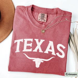 Puede incluir: Una camiseta de color rojo carmes&iacute; con la palabra "TEXAS" impresa en blanco y una silueta blanca de un toro longhorn debajo. La camiseta est&aacute; hecha de una tela suave y c&oacute;moda y tiene un aspecto vintage y desgastado.