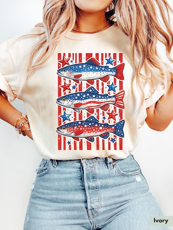 Comfort Colors® Patriotic Trout Shirt, American Flag Fish Tee, 4th of July Fishing Shirt, USA Red White Blue Fisherman Gift, 4th of July Tee