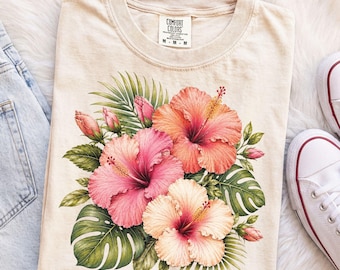 Comfort Colors® Hibiscus Flower Shirt, Aloha State Flower Shirt, Vintage Botanical Hawaiian Summer Beach Vacation Shirt, Tropical Floral Tee