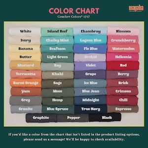 May include: Color chart showing 24 different colors of Comfort Colors 1717 t-shirts. The colors are arranged in rows and columns, with the names of each color listed below each swatch.