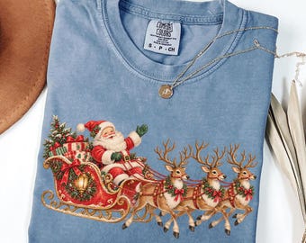 Comfort Colors® Vintage Santa Sleigh Shirt, Santa and Reindeer Christmas T-Shirt, Nostalgic Christmas Tee, Retro Holiday Shirt, Festive Xmas
